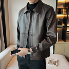 Striped leather jacket, men's slim fit, lapel short style