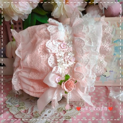 taobao agent 包邮原创lolita手作浅粉色蕾丝蝴蝶结纯棉宝宝公主帽百日宴满月帽