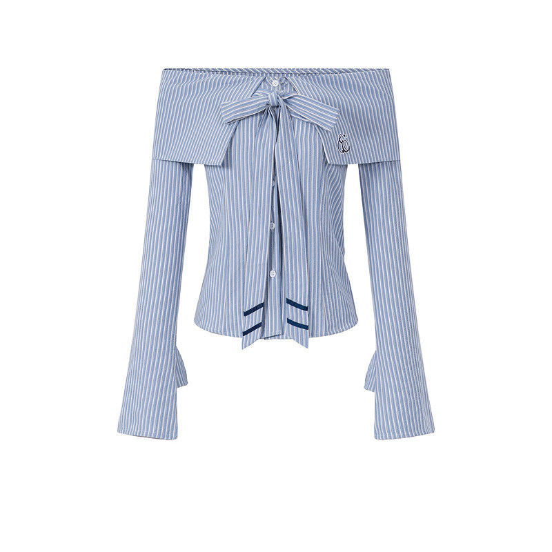 Korean style sweet and youthful bow-tie off-shoulder shirt for women, 2026 new style, off-shoulder, waist-cinching, sexy, pure cotton shirt for autumn.