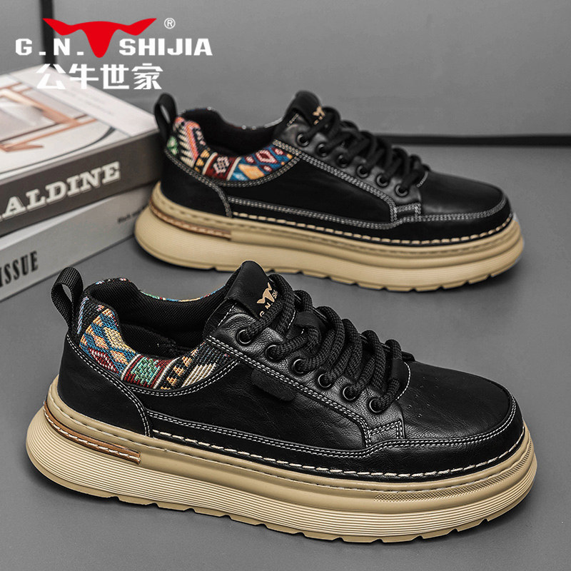 Мужская обувь Bull family; новинка 2026 года; весенние кожаные кроссовки черного цвета с круглым вырезом; универсальная кожаная обувь для спорта и отдыха