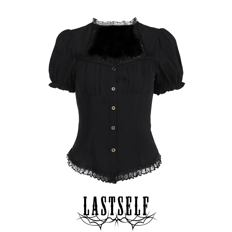 Lastself Retro Gothic Style Square Neck Puff Sleeve Shirt Subculture Lolita Top for Women