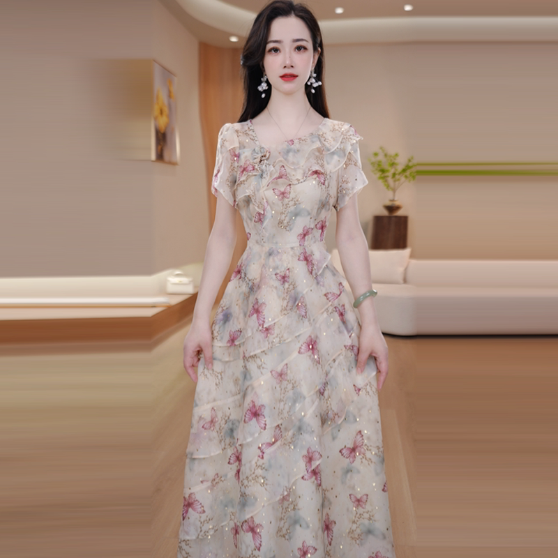 This year's popular butterfly print dress for women, 2026 new summer mid to long style, slanted shoulder short sleeved, mom's dress