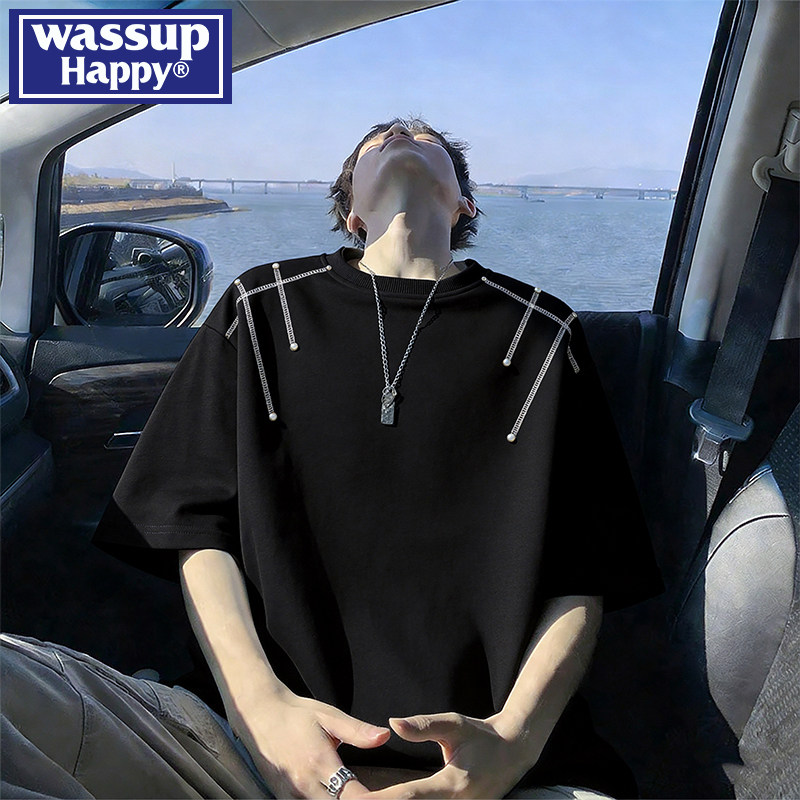 wassup happy, футболка с короткими рукавами в стиле хэви-стрит с заклепками, мужская летняя новинка 2026 года, уличный хулиганский красивый топ