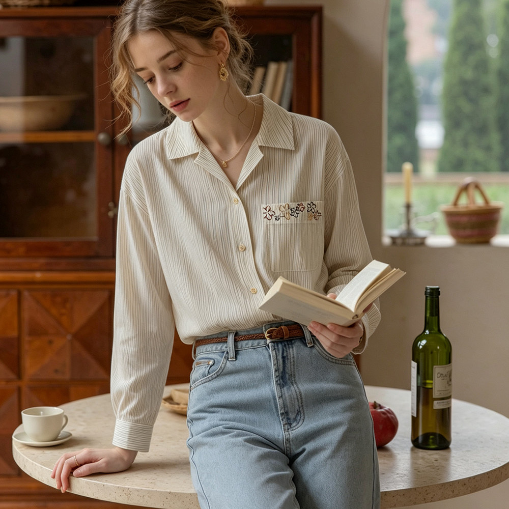Nov - French-style floral embroidered shirt, women's long-sleeved striped top, 2026 new style, pretty collared blouse.