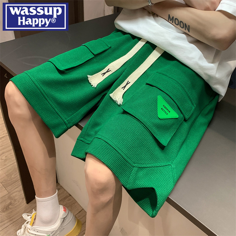 вафельные шорты wassup happy, мужские летние трендовые спортивные брюки в гонконгском стиле, свободные повседневные брюки с пятью точками