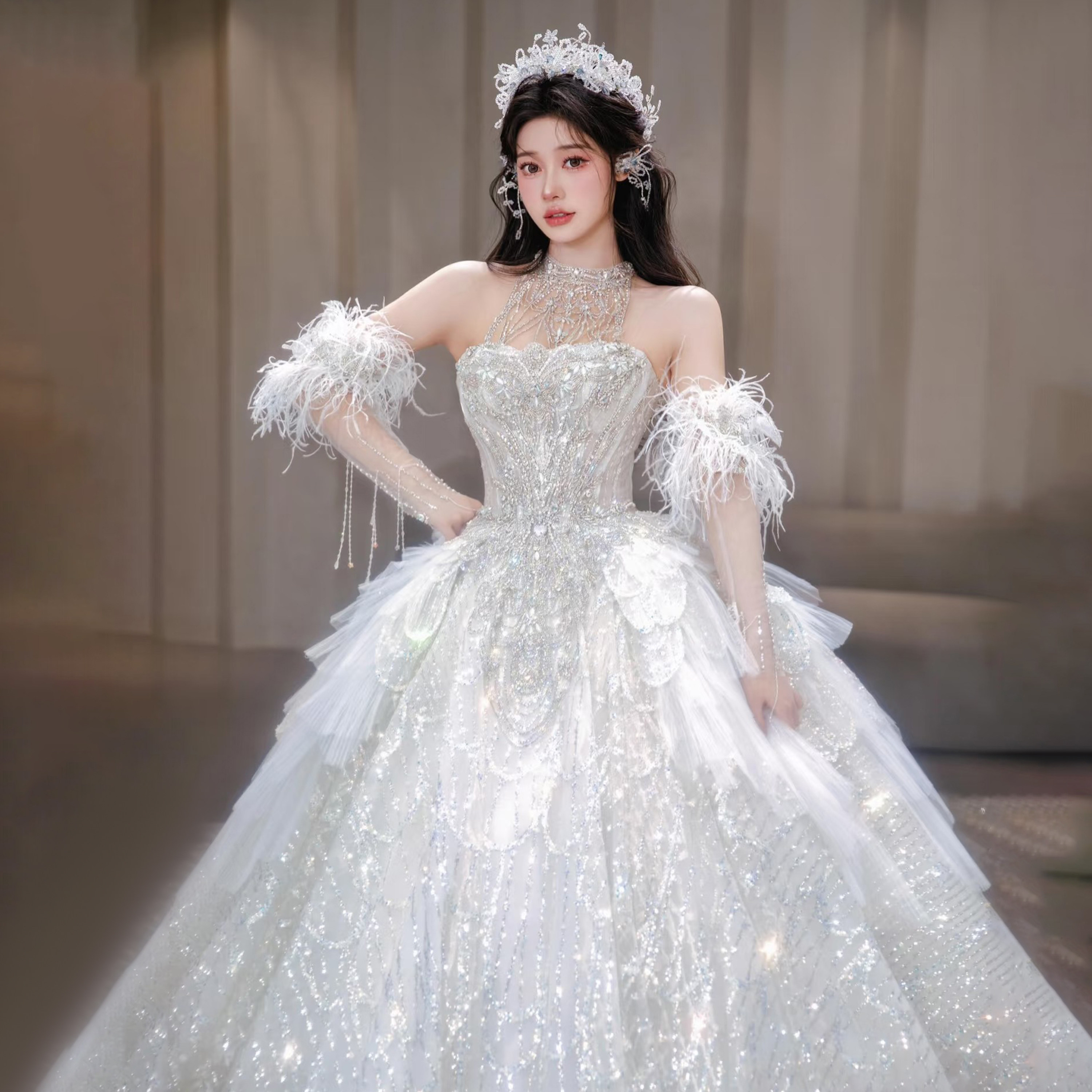 Свадебное платье bride 2026, новое платье из основной пряжи, высококачественная текстура, высокая четкость изображения, маленький размер, большой размер, тяжелая промышленность, роскошь, шлейф для беременных