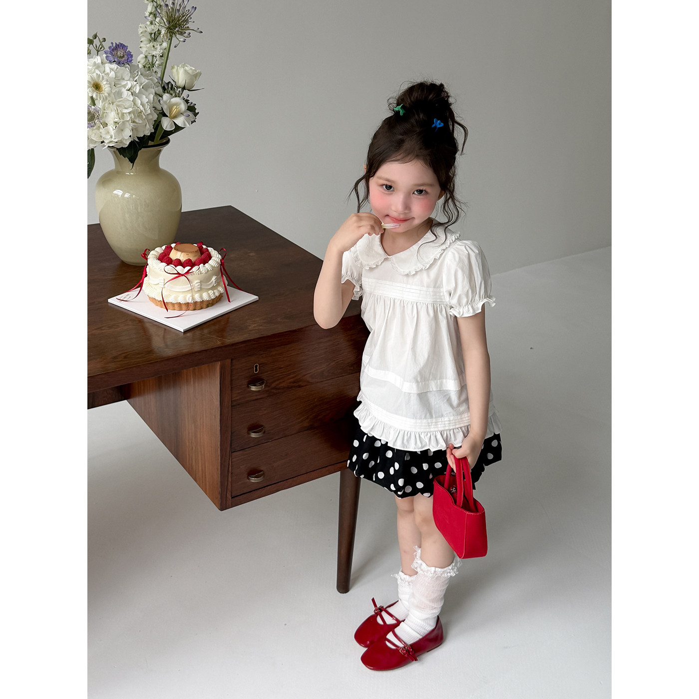 Harper kids/ детская одежда, рубашка с кукольным воротником в корейском стиле, короткая юбка в черный горошек для девочек, летний модный костюм в западном стиле