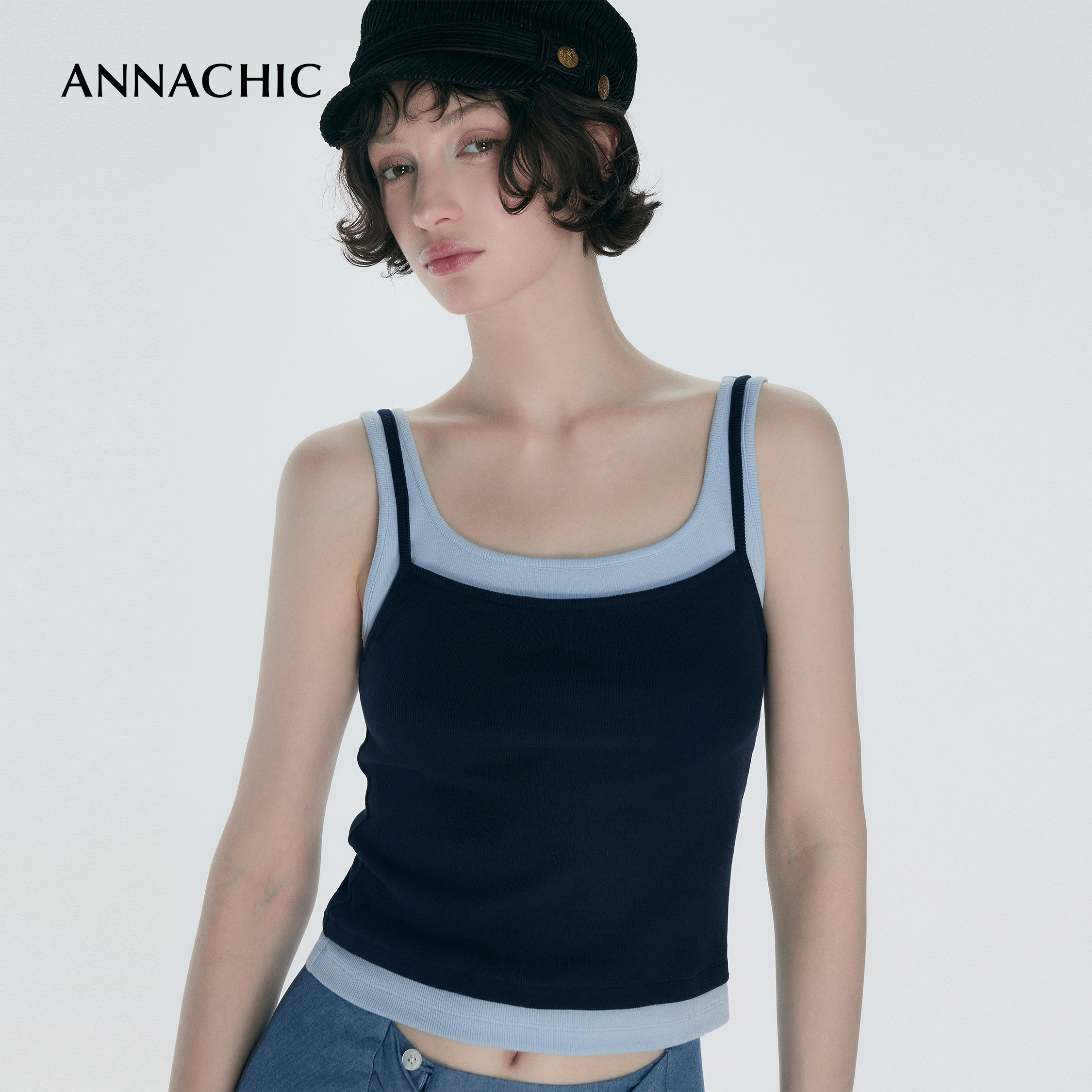 Модный многослойный топ ANNACHIC серии wearing_m1u контрастного цвета с поддельными бретелями из двух частей, женский летний облегающий топ-стрейч для горячих девушек