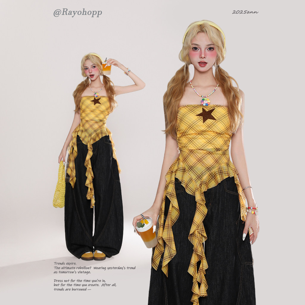 Rayohopp Star Checkered Bandeau Vest for Women, New Summer Style, American Hot Girl Yellow Top, Music Festival Outfit