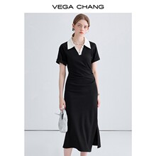 VEGA CHANG Premium Dress Women's Summer Small Polo Collar British Style Slim Commuter Black Dress