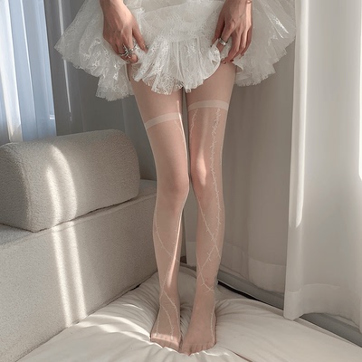 taobao agent 夜间教习室荆棘提花白色丝袜女春秋纯欲蕾丝假大腿条纹过膝白丝薄