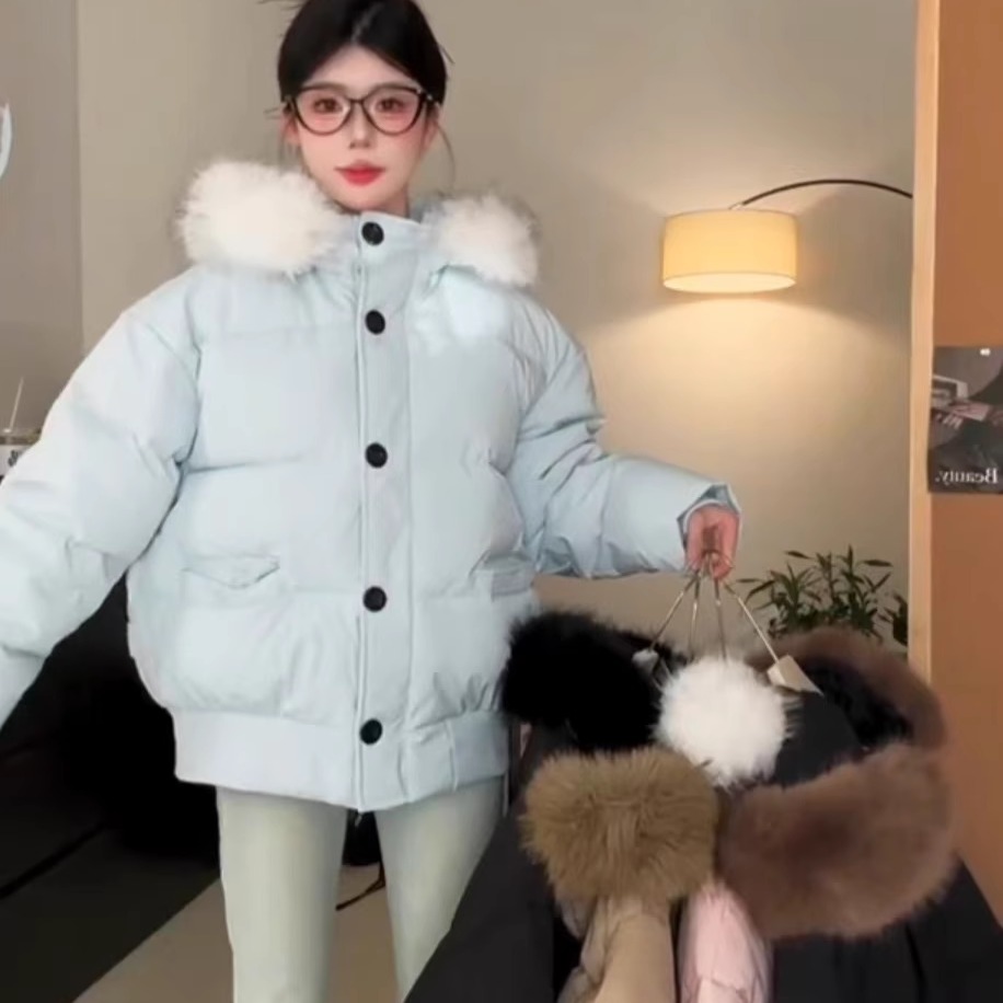 Оригинальная новая короткая хлопчатобумажная куртка женская зимняя свободная корейская версия милой утепленной куртки с капюшоном и меховым воротником