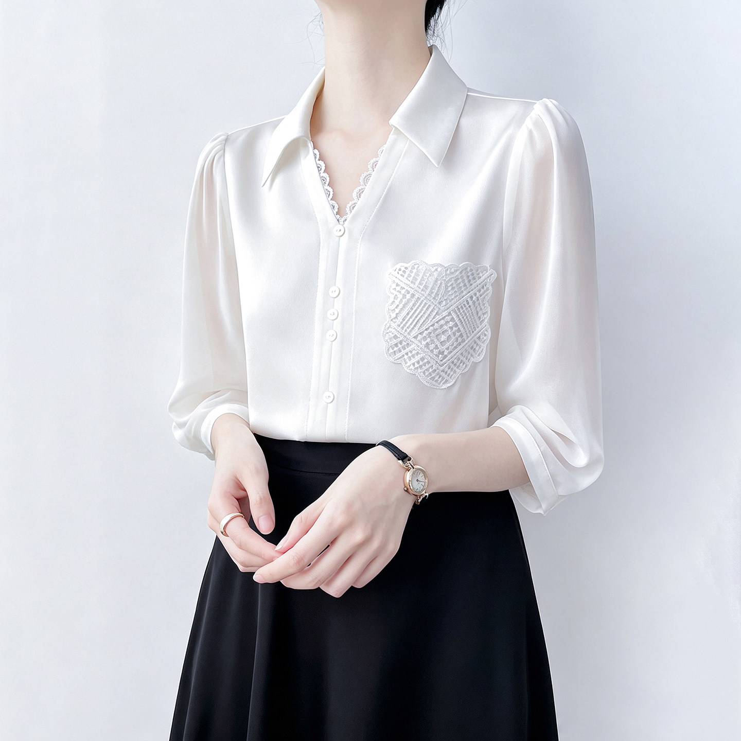 Hanboya Lace-trimmed Satin Flowing White Shirt Women's Summer Professional Commuter Shirt Three-quarter Sleeve Top