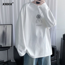 White pure cotton long sleeved t-shirt for men, spring and autumn round neck base shirt, winter loose and trendy brand, heavyweight inner layer top