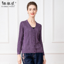 Middle aged Mom V-neck Hollow V-neck Knitted Cardigan Versatile Mulberry Silk Top