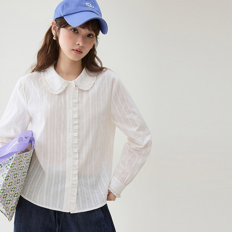 "Beidao AMUU Original" Textured Ruffled Peter Pan Collar Shirt Women's Spring New Pure Cotton Long Sleeve Top