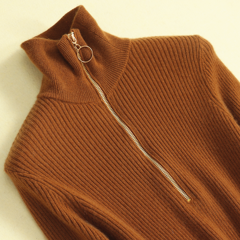 Женский вязаный осенне-зимний свитер в полоску с длинными рукавами, приталенный однотонный кашемировый свитер итальянского дизайна на молнии до половины длины, осенне-зимний полосатый однотонный свитер с длинными рукавами