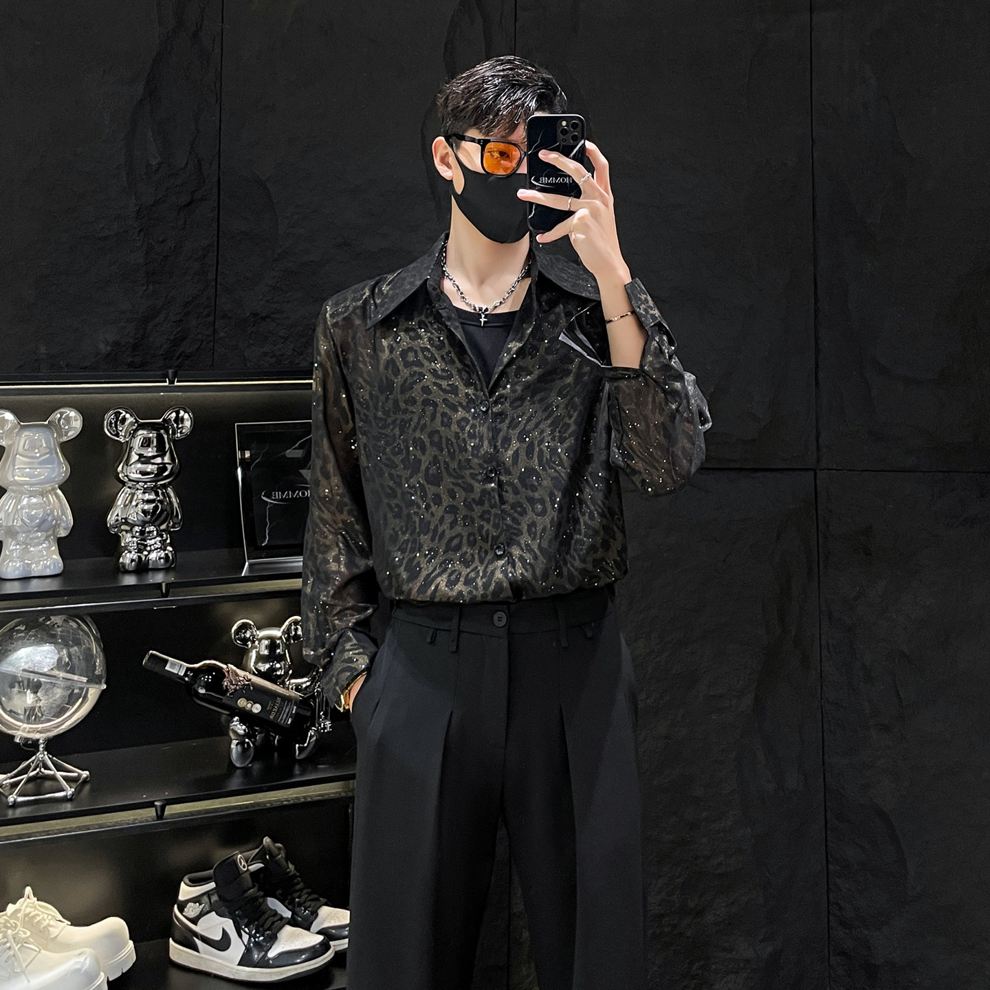 Endless mirror HOMME, ретро-рубашка с леопардовым принтом, бронзирующая рубашка с длинными рукавами, мужская сетчатая микропроницаемая рубашка-хулиган с красивым тонким наплечником