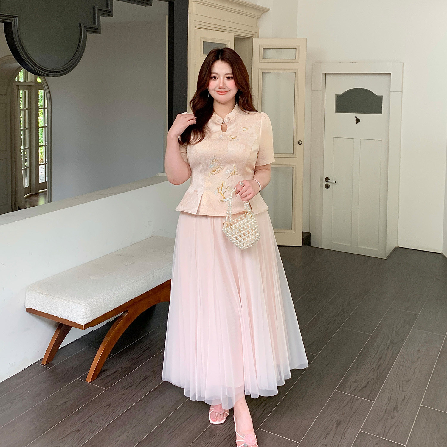 Женская одежда MB plus size [баллада Цзиньюэ], новый китайский стиль, национальный стиль, объемная вышитая блузка с тиснением, сетчатый юбочный костюм