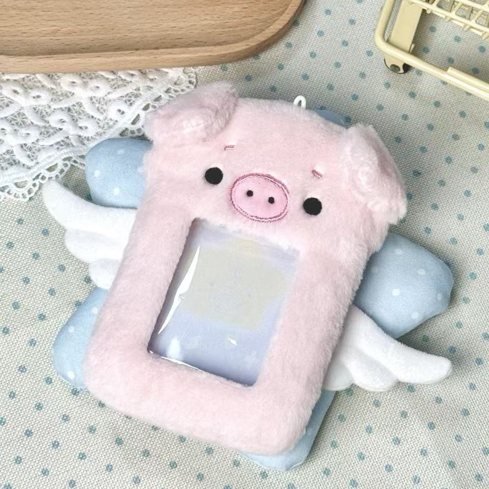 Adorable plush card holder with cute angel pig design, 3-inch small card display case, student meal card, public transport protective case pendant.