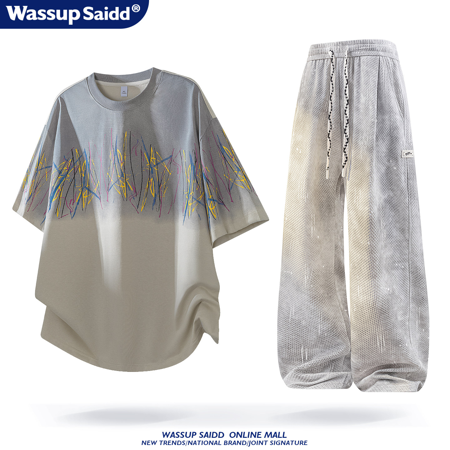 Костюм WASSUP SAIDD, градиентная футболка с короткими рукавами, мужские брюки American tie-dye, молодежные весенне-летние спортивные костюмы
