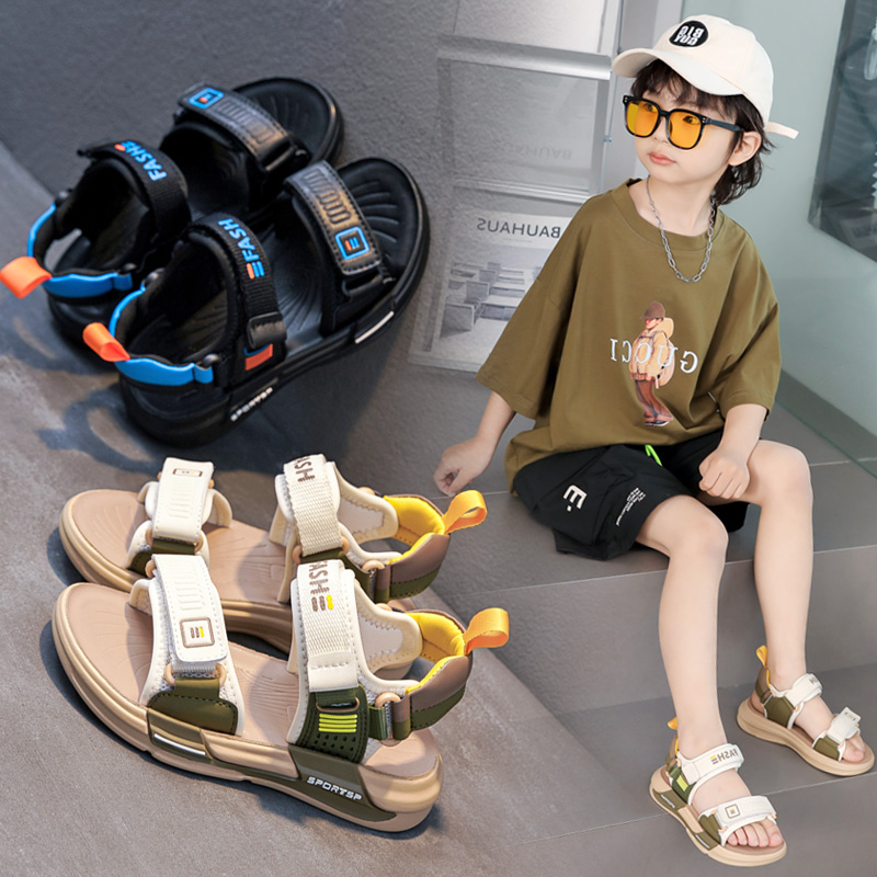 Сандалии для мальчиков, новинка 2024 года, летняя кожаная детская обувь в корейском стиле, для больших детей, для маленьких мальчиков, пляжная обувь в тренде