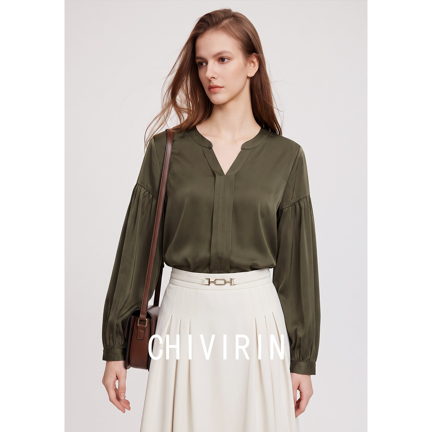 Qianyun Acetate Green Satin Long-Sleeve Shirt Top for Women, 2026 New Autumn Retro Style High-End Loose Shirt