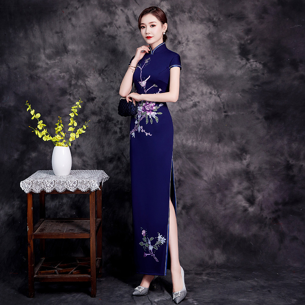 Улучшенное вечернее платье cheongsam с разрезом, темно-синее, униформа китайской команды, тренировочный костюм, ежегодное собрание, костюм для выступления на подиуме, банкет