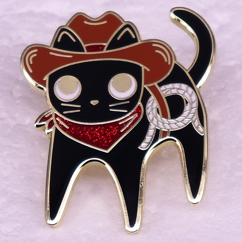 Western cowboy cat black cat brooch, cute animal cartoon badge, bag accessory