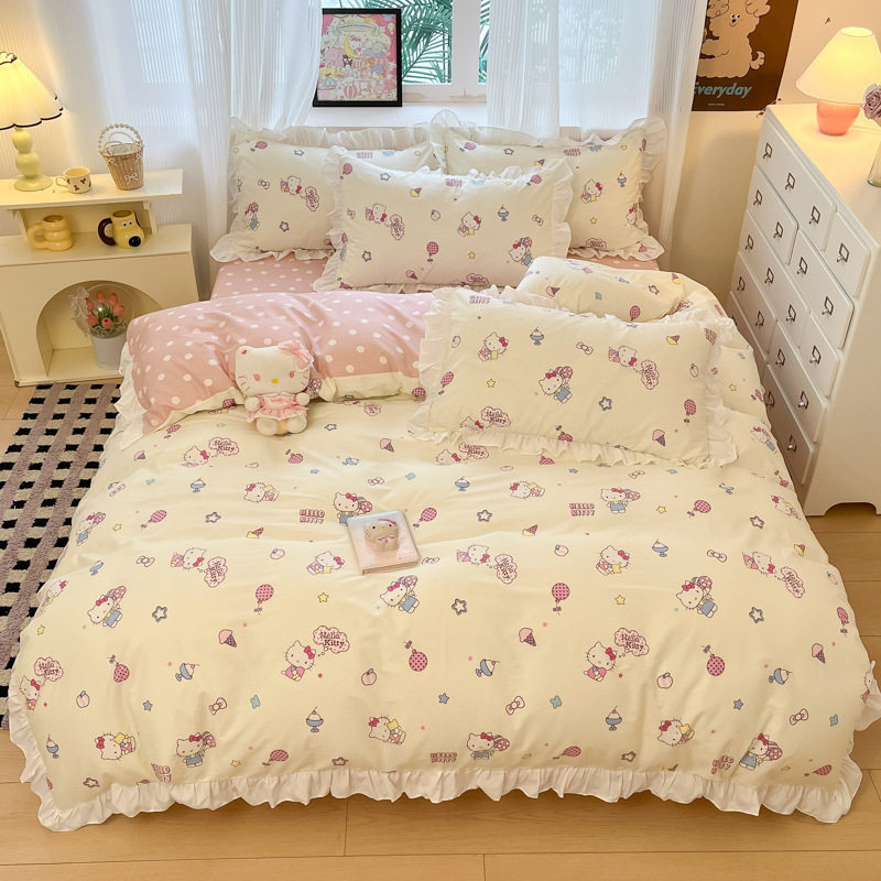 Легкий роскошный хлопковый комплект из четырех предметов hellokitty, милая простыня hello kitty, стеганое одеяло, постельное белье из трех частей.