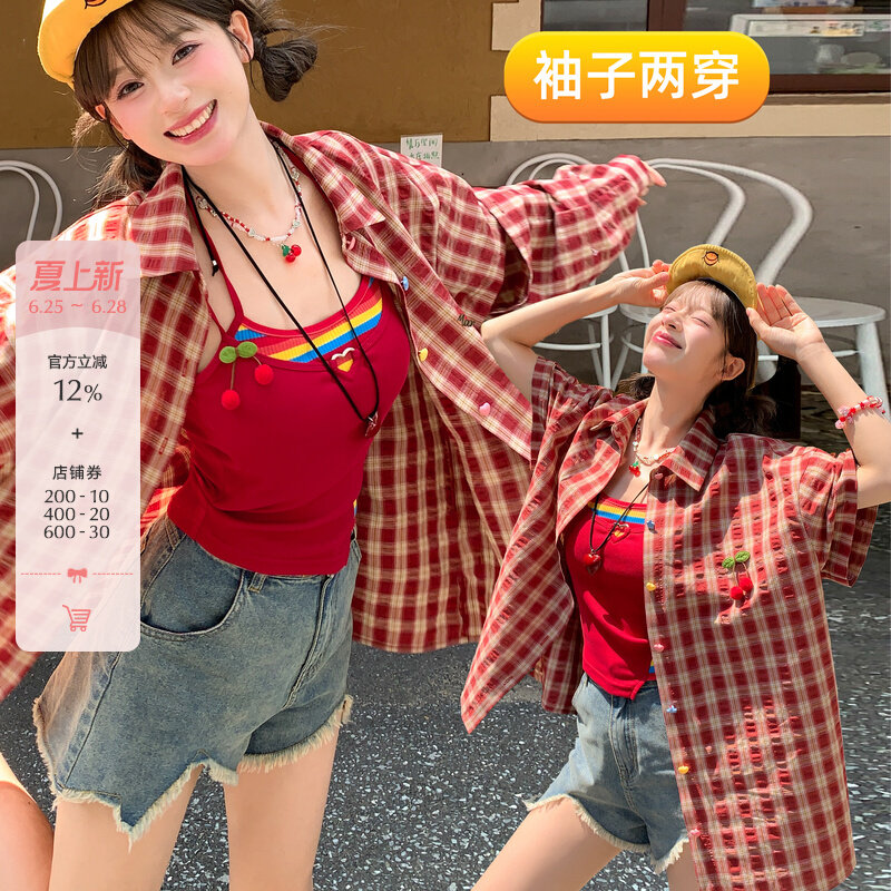 Forest girl tribe sweet red checkered shirt womens short sleeved top summer thin loose dopamine shirt jacket spring