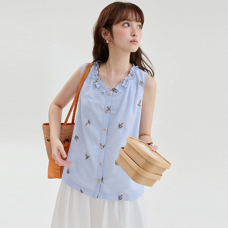 "Beidao AMUU Original" Ruffled V-neck Embroidered Vest Shirt Women's Summer New Blue Striped Pure Cotton Top