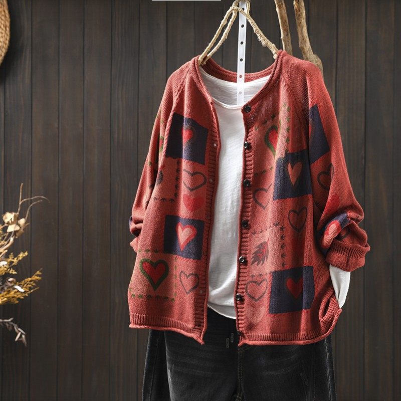 Women's 2026 Autumn New Red Cotton Heart Print Long Sleeve Loose Literary Outerwear Knitwear
