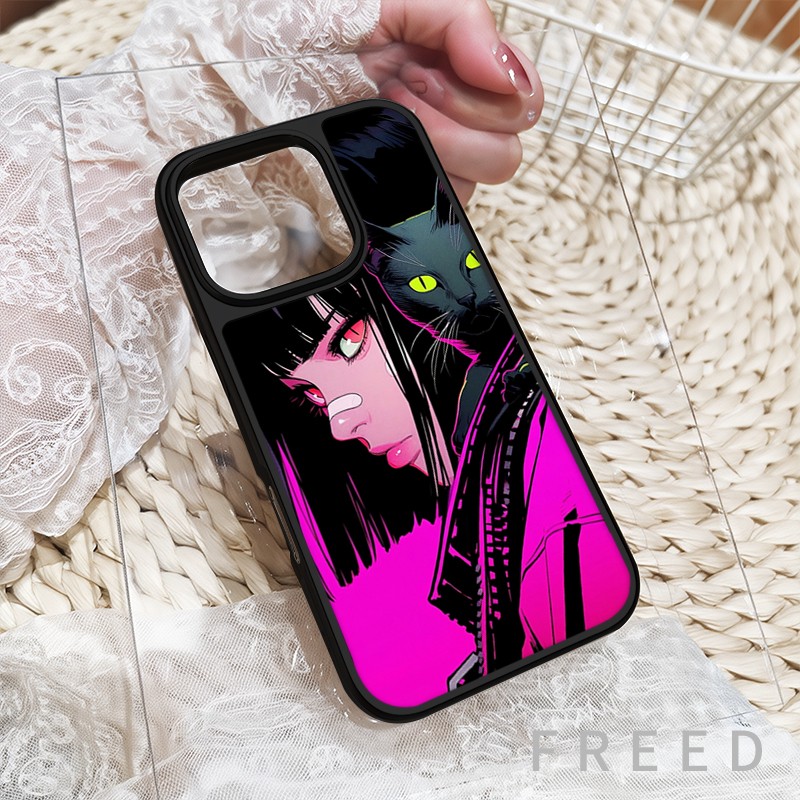 FREED Black Cat Girl Phone Case for Apple 17 Pro Max Cyberpunk 16 Matte Magnetic 15 13