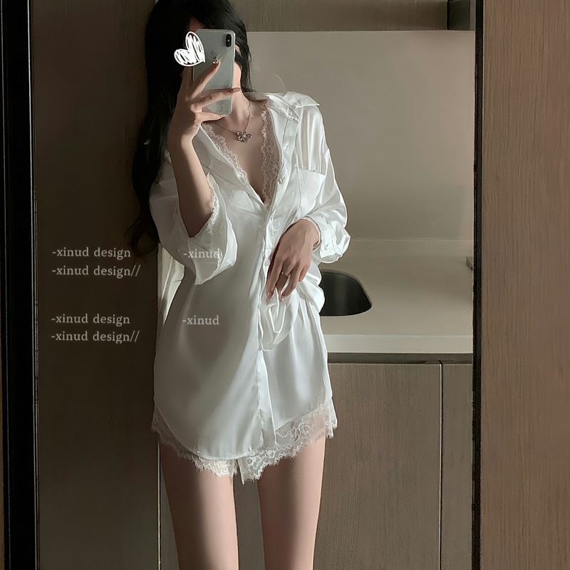 LA hidden shirt desire оригинальная кружевная сексуальная пижама с длинными рукавами в стиле pure desire, свободная белая рубашка, домашний комплект