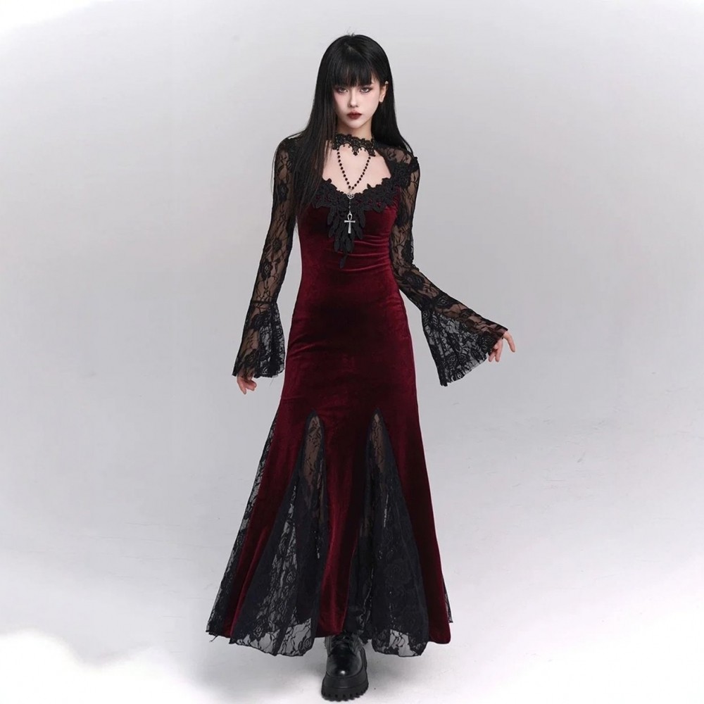 Ghostly Girl Dress Halloween Costume Gothic Heavy Industry Black and Red Jacquard Off-Shoulder Court Wave Adult Women