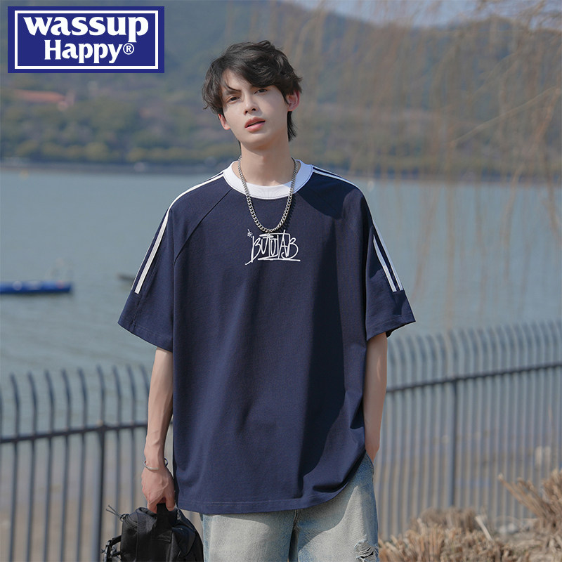 Wassup happy heavyweight pure cotton round neck short sleeved T-shirt for men and summer teenagers, loose thin casual half sleeved