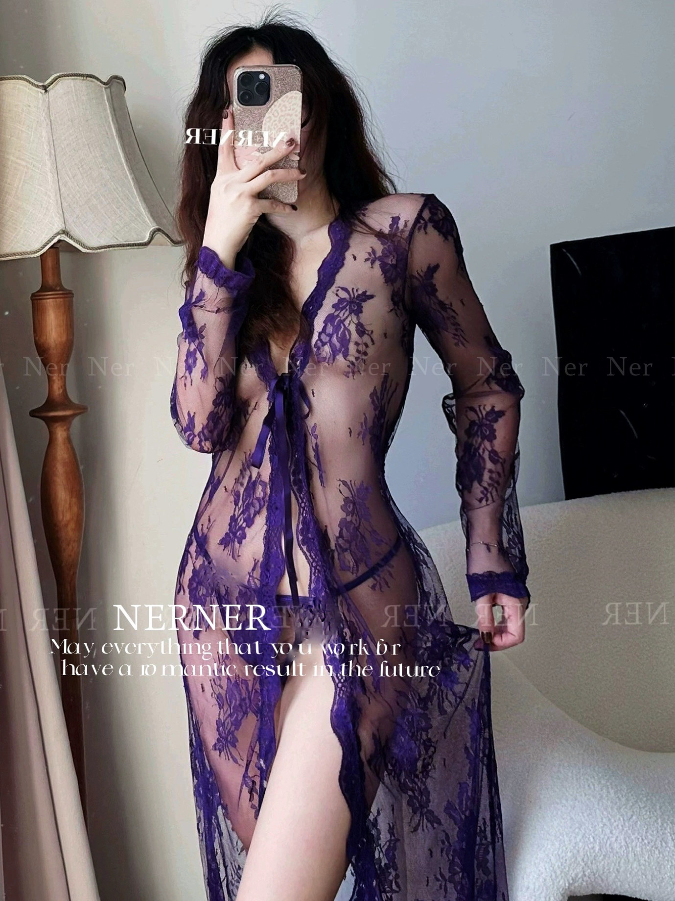 NERNER* Misty* суперсексуальная европейская и американская сетчатая прозрачная кружевная пижама с длинными рукавами и полой ночной рубашкой высокого качества