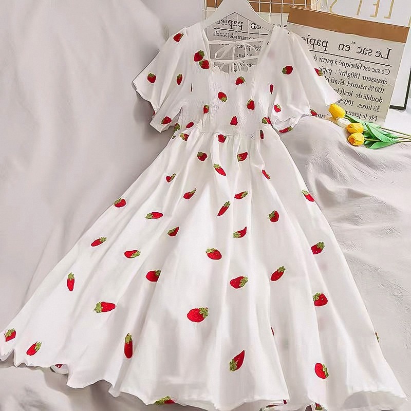 2026 New White Strawberry Print Dress, Summer Super Fairy Style, Slimming and Flattering, Long Skirt Below the Knee