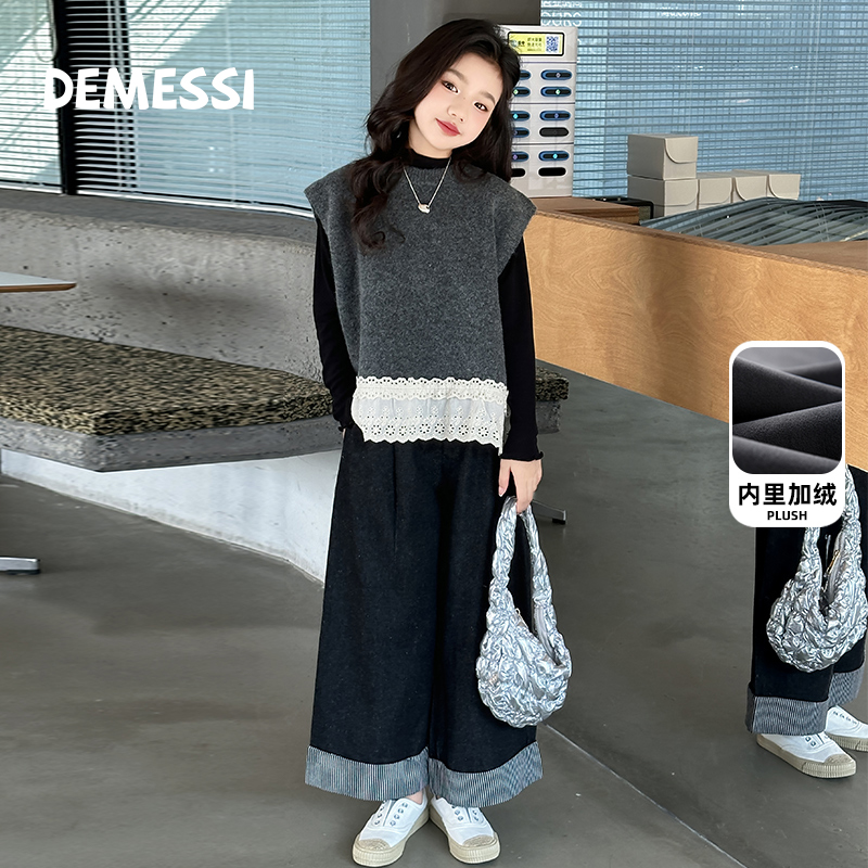 Костюм для девочек ДЕМЕССИ из Южной Кореи, осень-зима 2025, новая детская рубашка, жилет плюс бархатные джинсы, три предмета