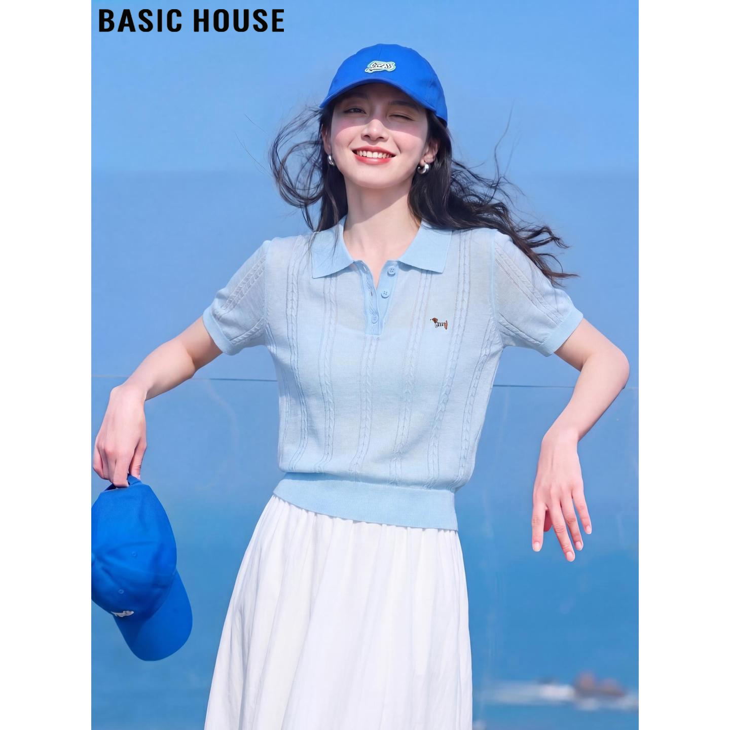Basic House/Женская летняя льняная тонкая рубашка-поло с вышивкой из тенсела Good Blue Tencel с короткими рукавами/Женский летний льняной тонкий топ