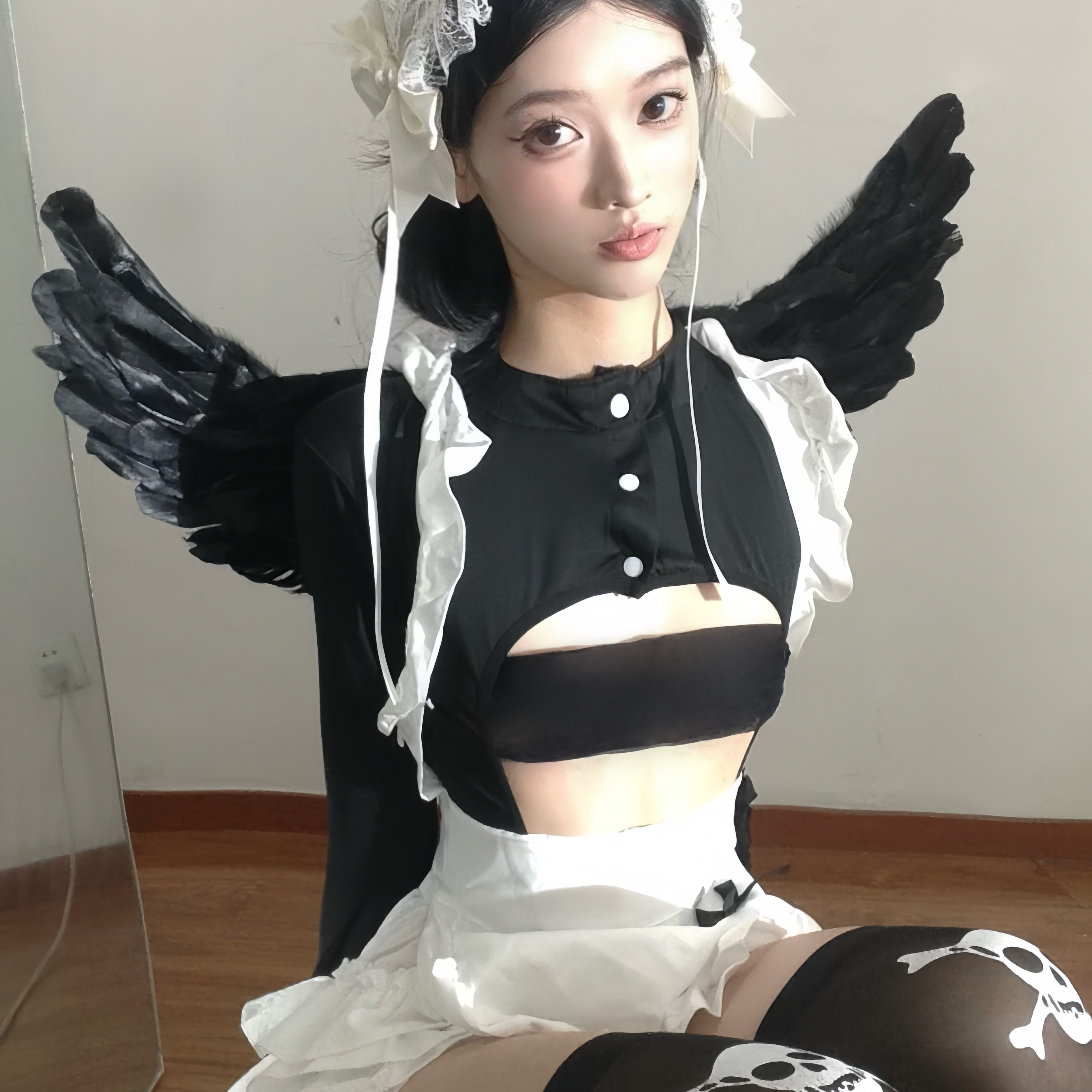 Halloween costume, Japanese style, pure and seductive, dark angel wings, maid apron, cosplay uniform, plus size nightgown set