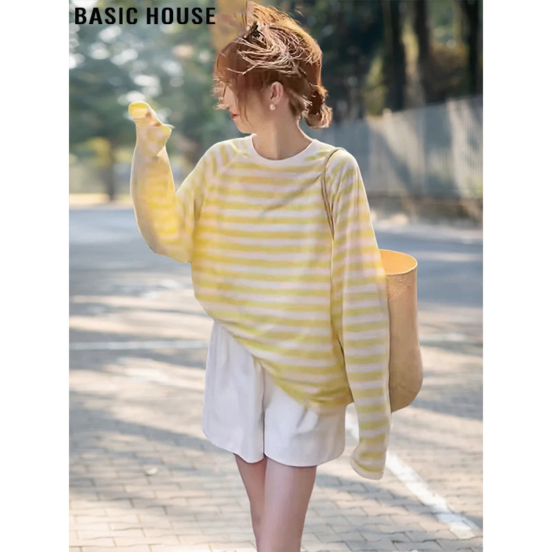 Basic House Baijiahao Korean round neck contrasting striped long-sleeved T-shirt for women in autumn lazy style base shirt