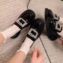 Thick soled round toe trendy rough diamond loafers, genuine leather square buckle British fashion shoes, new leather shoes, women's Hong Kong single shoes