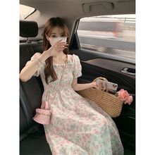 French sweet floral square necked dress for women's summer 2024 new waistband slimming super fairy mid length skirt