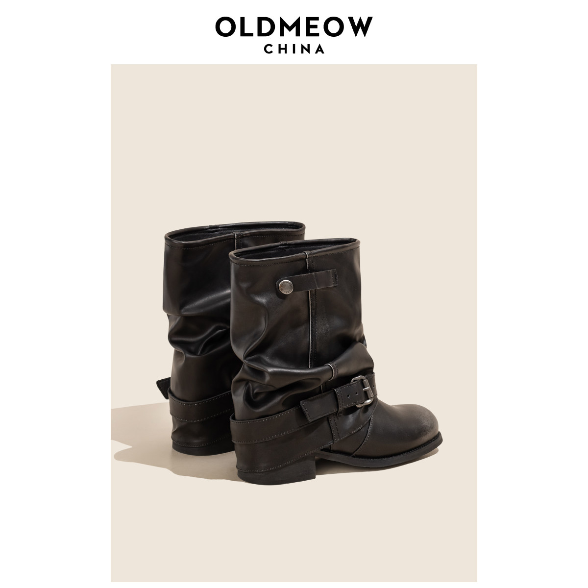 Короткие сапоги-тюбики Old Meow western jeans; женские плиссированные ботинки черного цвета с круглым носком в стиле ретро; рыцарские ботинки martin на толстом каблуке