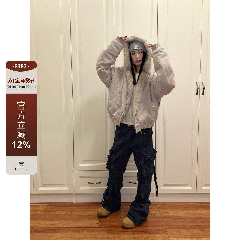 F383 2025 Зимняя хлопковая короткая куртка cleanfit с воротником из плотного меха в стиле американского ретро и горной резьбой