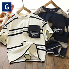 G Family Boys Short sleeved T-shirt 2024 Summer Children's Round Neck Stripe Trendy Top Middle and Big Children's Casual Half sleeved T-shirt