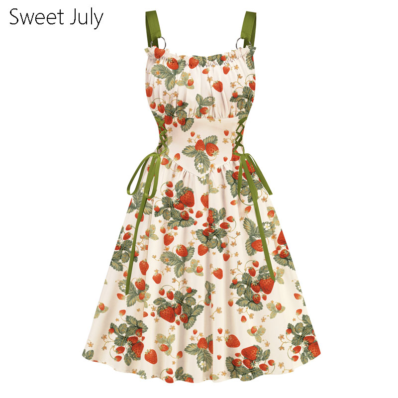Original strawberry print tie-waist floral sweet pastoral style sleeveless summer sundress retro midi skirt