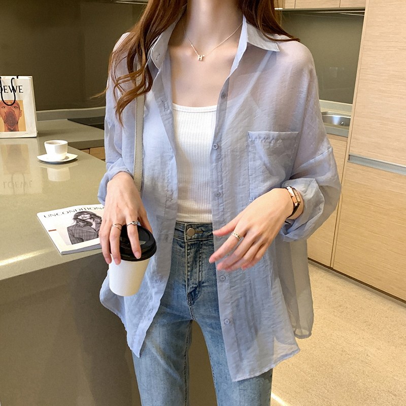 Women's chiffon blouse, spring and autumn, European style, sun protection shirt, see-through cover-up, thin long-sleeved cardigan, breathable ice silk coat